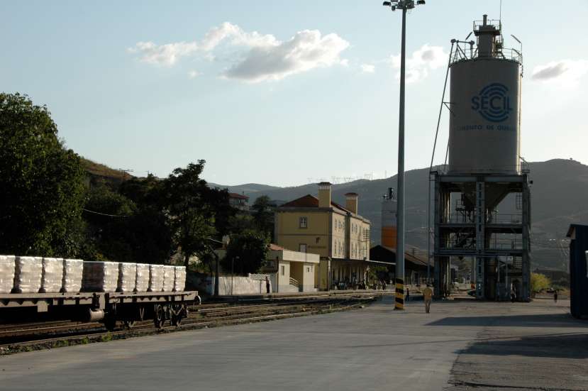Cement tower with station at Pocinho, Portugal, in the background,